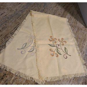 Vintage Woven Dresser Scarf 39x11 Embroidered Flower Yellow Fringe